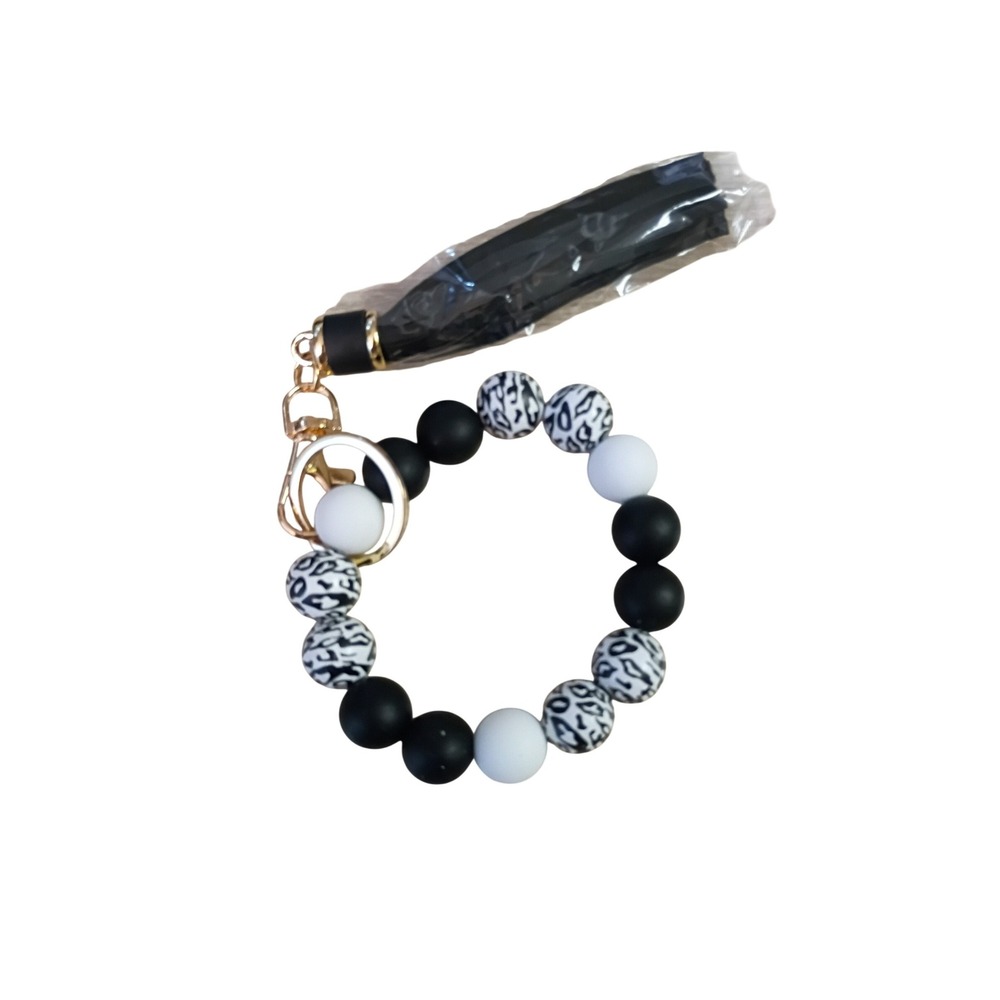 Black White Leopard Silicone Bead Keychain Wristlet with Tassel Gold Hardware